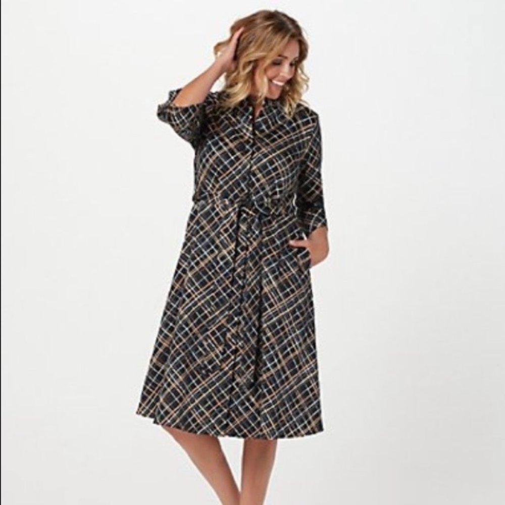 Isaac Mizrahi Live!  Women's Plaid Printed Stretch Satin Shirt Dress Plus 24W